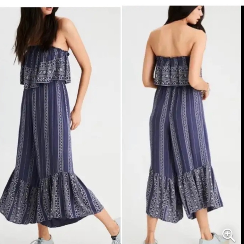 Japna Boho Strapless Bell Hem Wide Leg Jumpsuit - Dusty blue